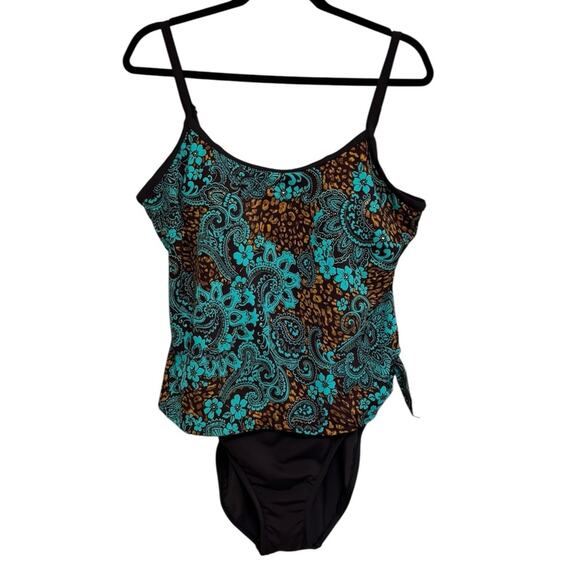 Maxine of Hollywood Turquoise and Chocolate Brown One Piece Swimsuit - Size 18 - Picture 1 of 7